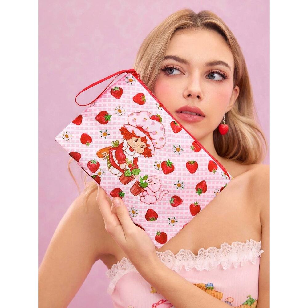 Official Strawberry Shortcake Pink Zip Up Makeup Bag, School Pen & Pencil Pouch
